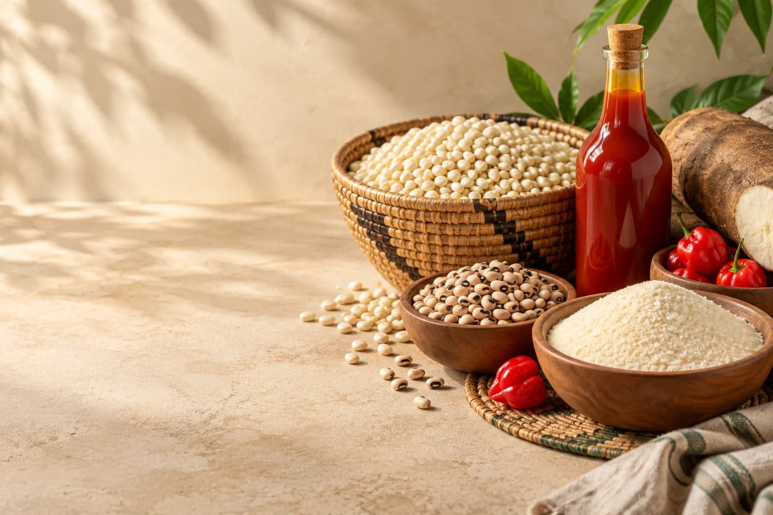 Maïs, niébé, gari, huile de palme et piments dans des paniers et bols artisanaux