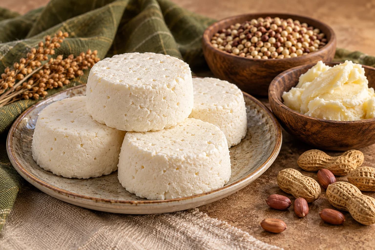 Illustration des spécialités : fromage wagashi, beurre de karité, arachides et sorgho